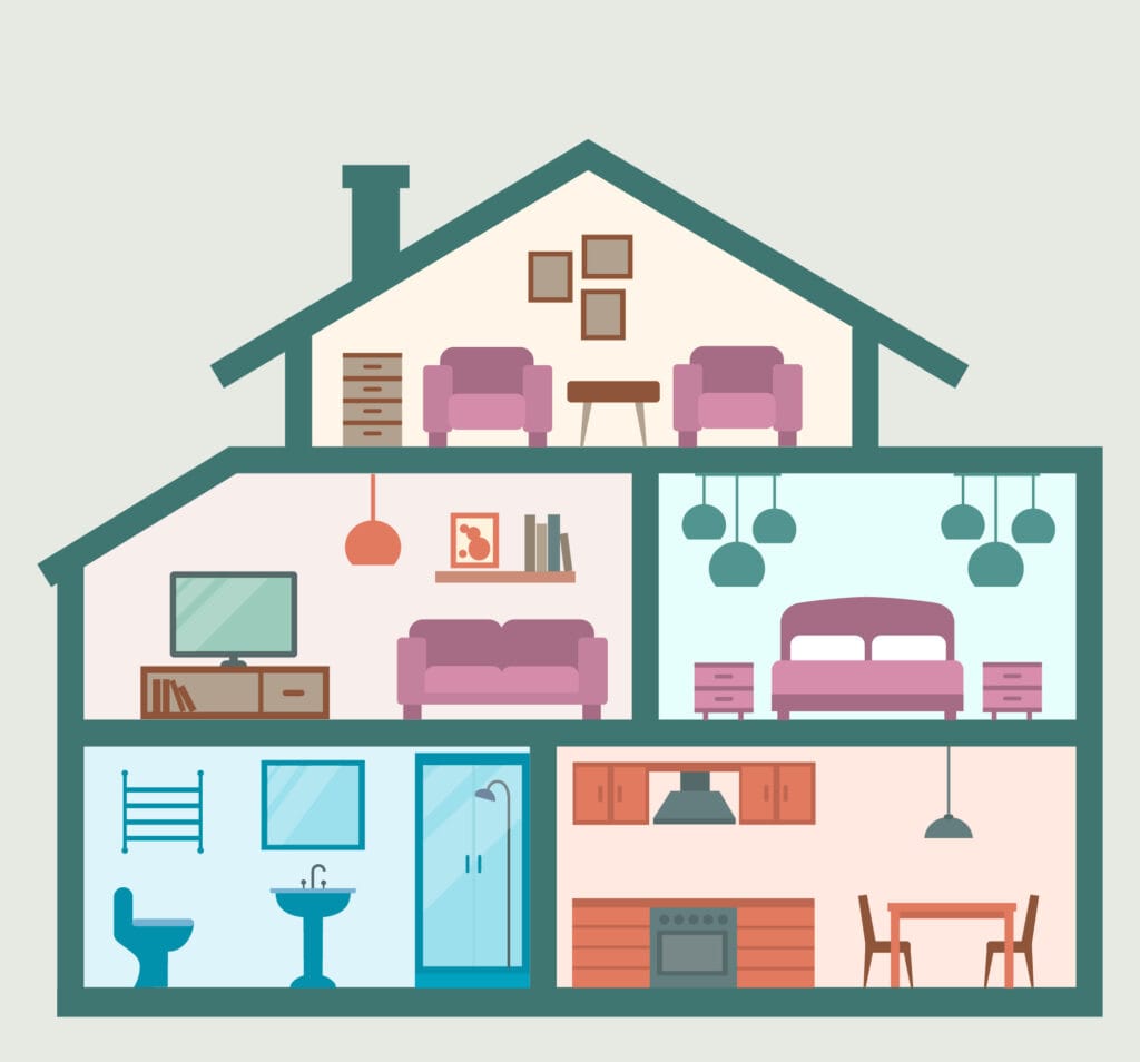 Wat valt onder de inboedelverzekering? Illustratie van een woning met meubels en persoonlijke spullen die onder de inboedelverzekering vallen