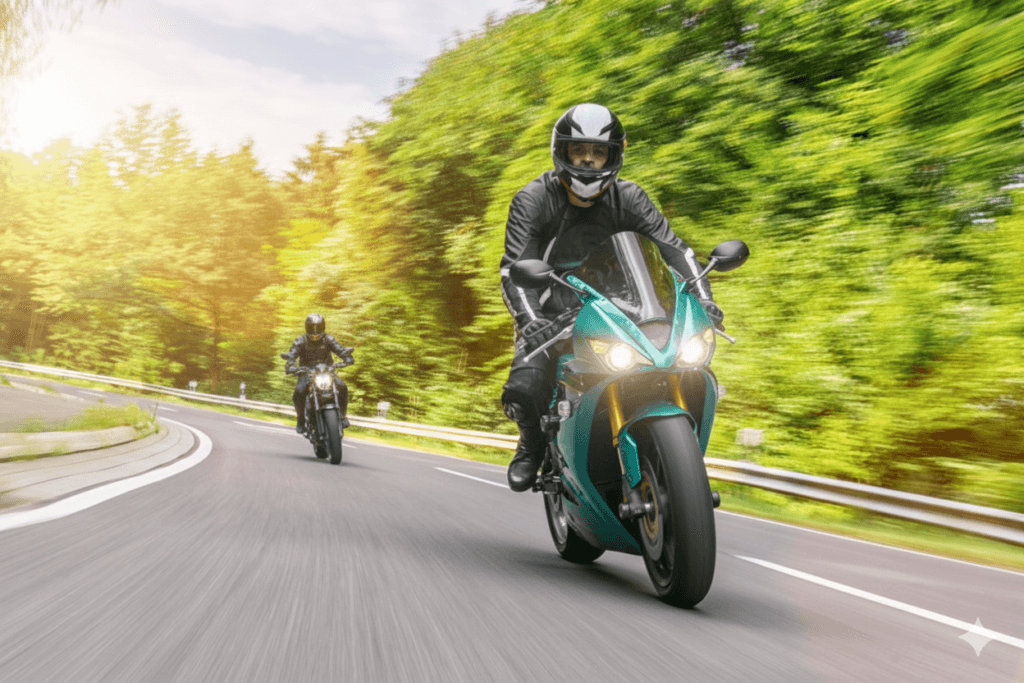 Motorrijders rijden samen door een bochtige weg in een groene omgeving.