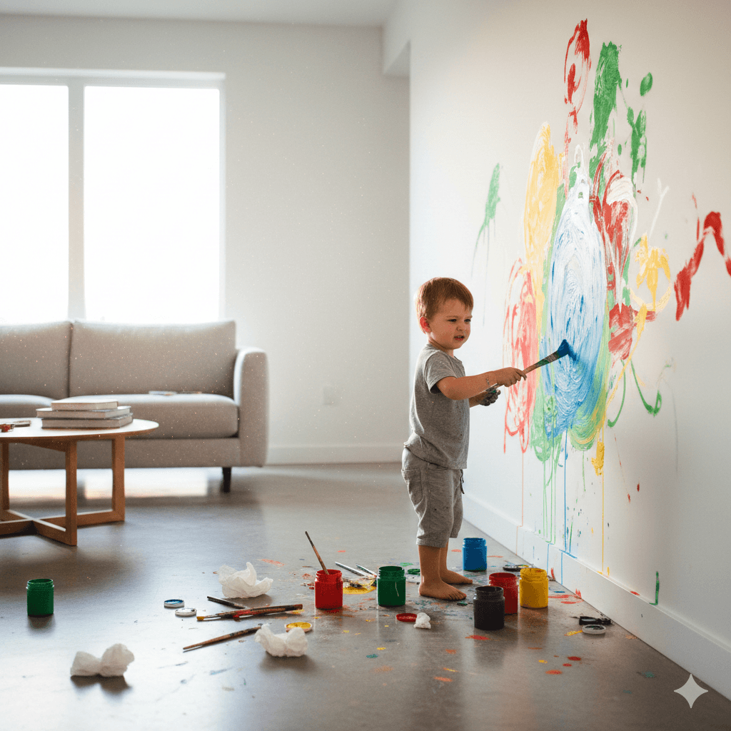 Aansprakelijkheidsverzekering voor particulieren – schade door kinderen Kind dat met verf op de muur tekent, voorbeeld van schade die onder een aansprakelijkheidsverzekering kan vallen